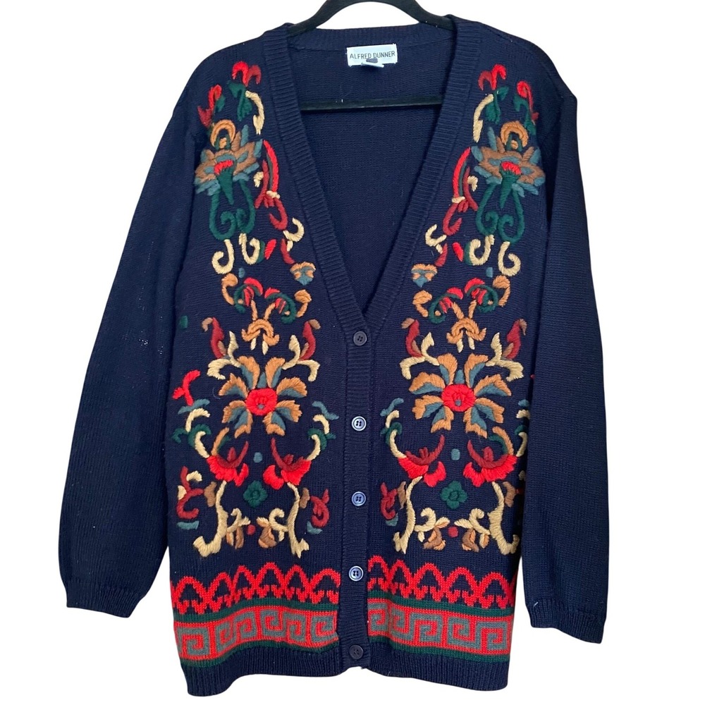 Vintage‎ 1990s Embroidered Wool Blue Cardigan Sweater Medium Bohemian Heritage